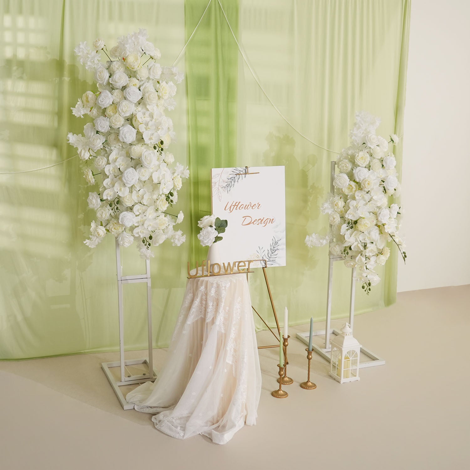 Uflower Artificial White Rose Flower Row Wedding KT Backdrop Decor
